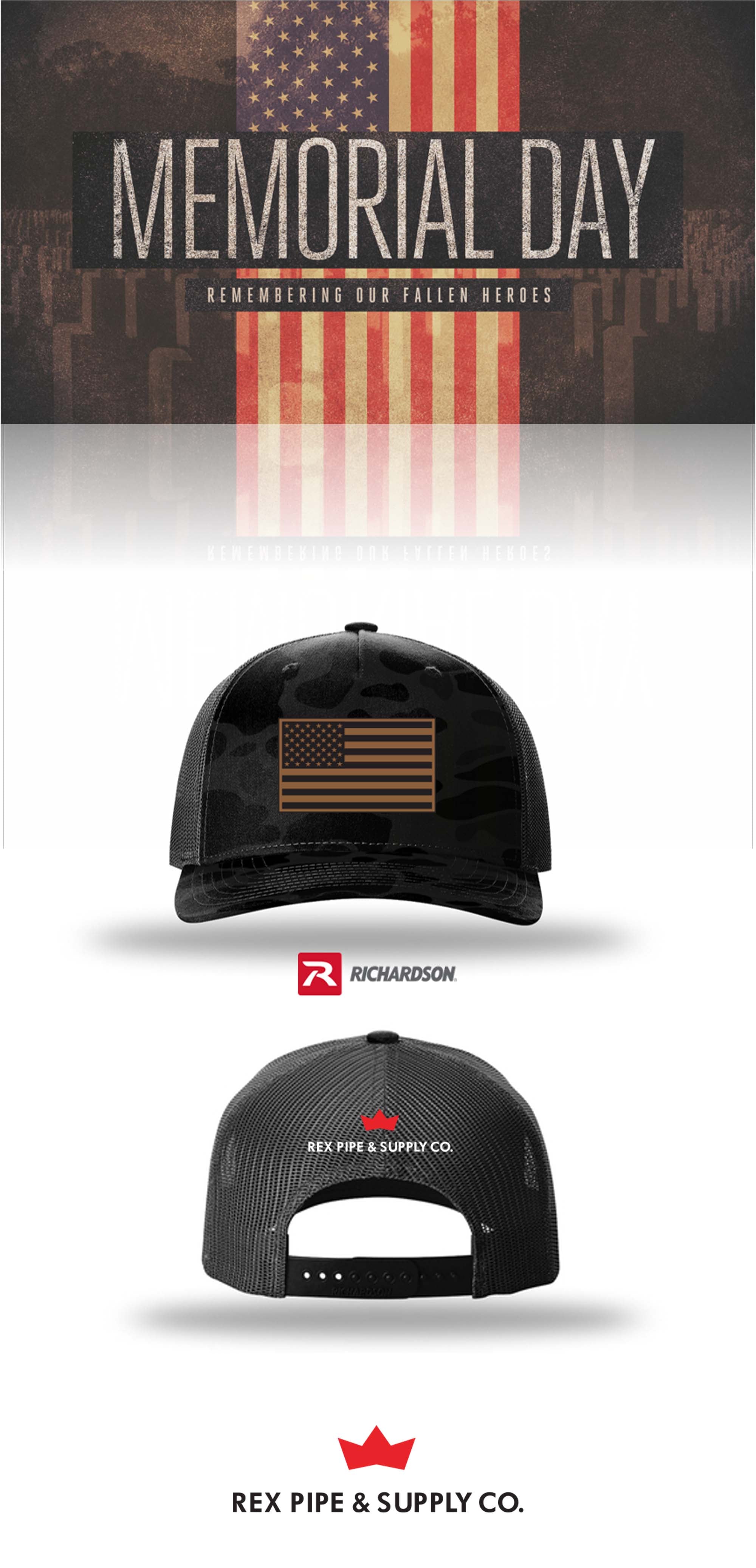 MEMORIAL DAY Richardson 112PFP Printed Five-Panel Trucker - REX PIPE AND SUPPLY