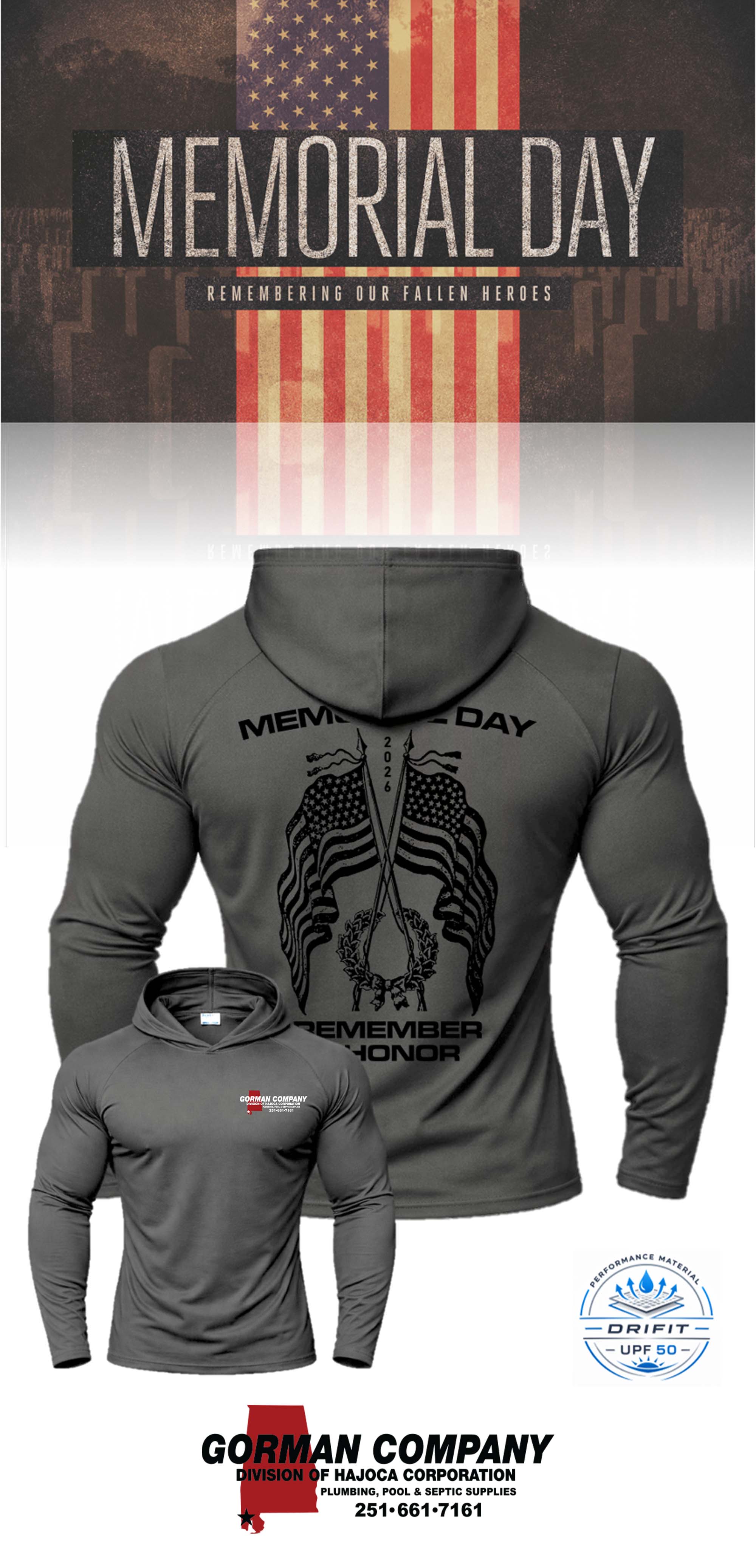 MEMORIAL DAY Port & Co™ Performance UPF 50 Hooded Long Sleeve - GORMAN CO - AL