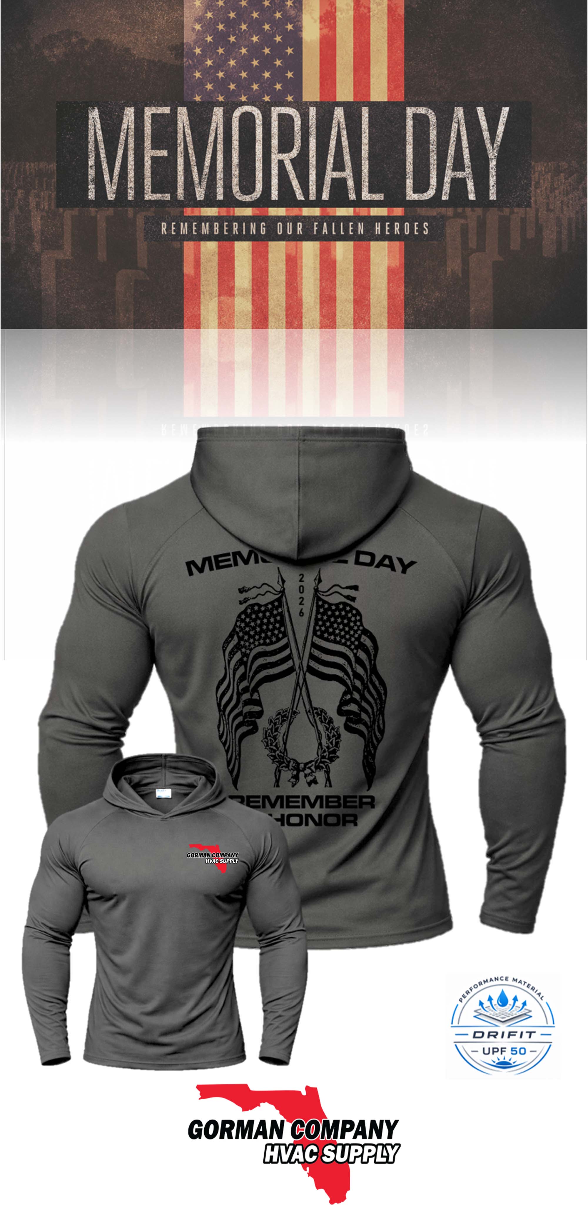 MEMORIAL DAY Port & Co™ Performance UPF 50 Hooded Long Sleeve - GORMAN CO - HVAC