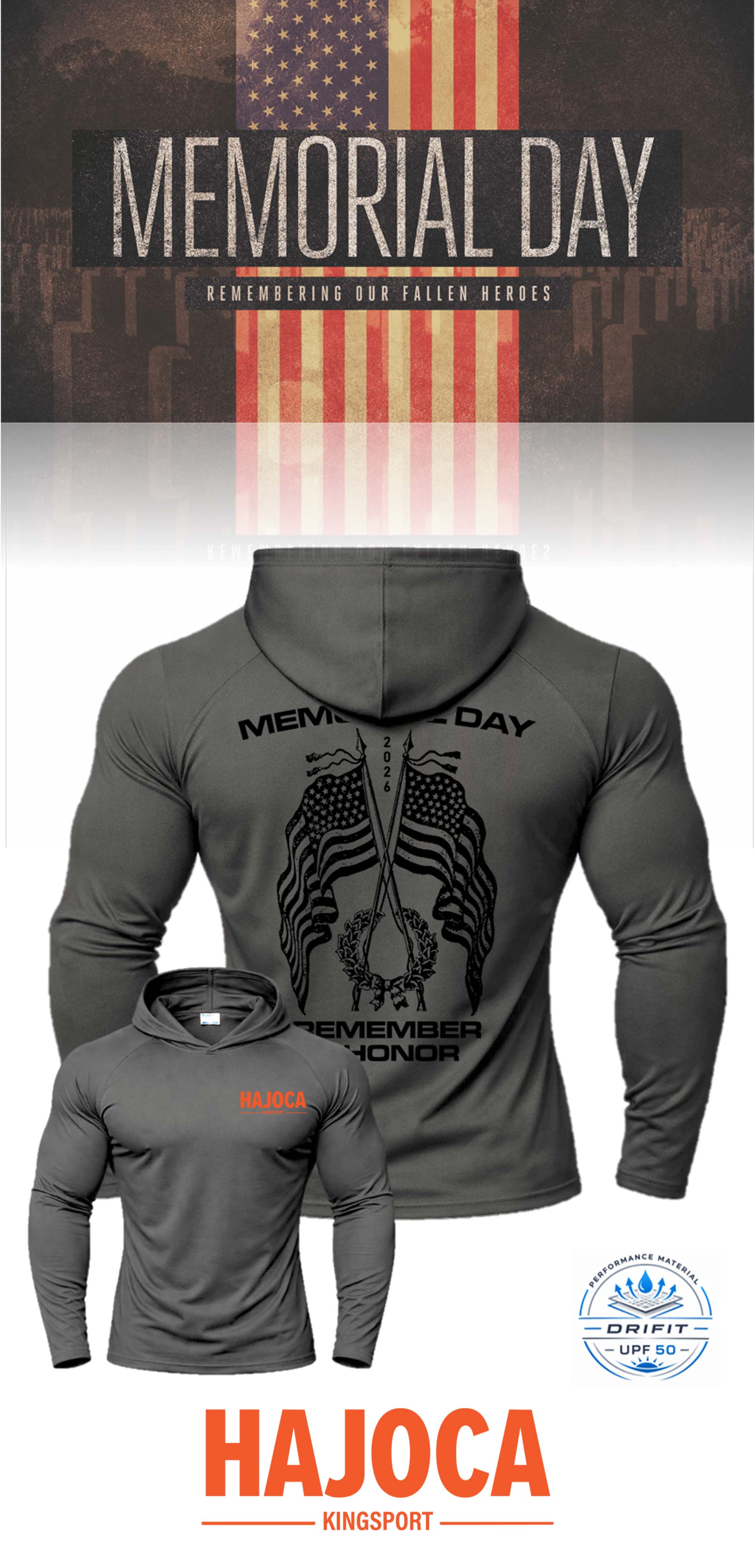 MEMORIAL DAY Port & Co™ Performance UPF 50 Hooded Long Sleeve - HAJOCA - KINGSPORT