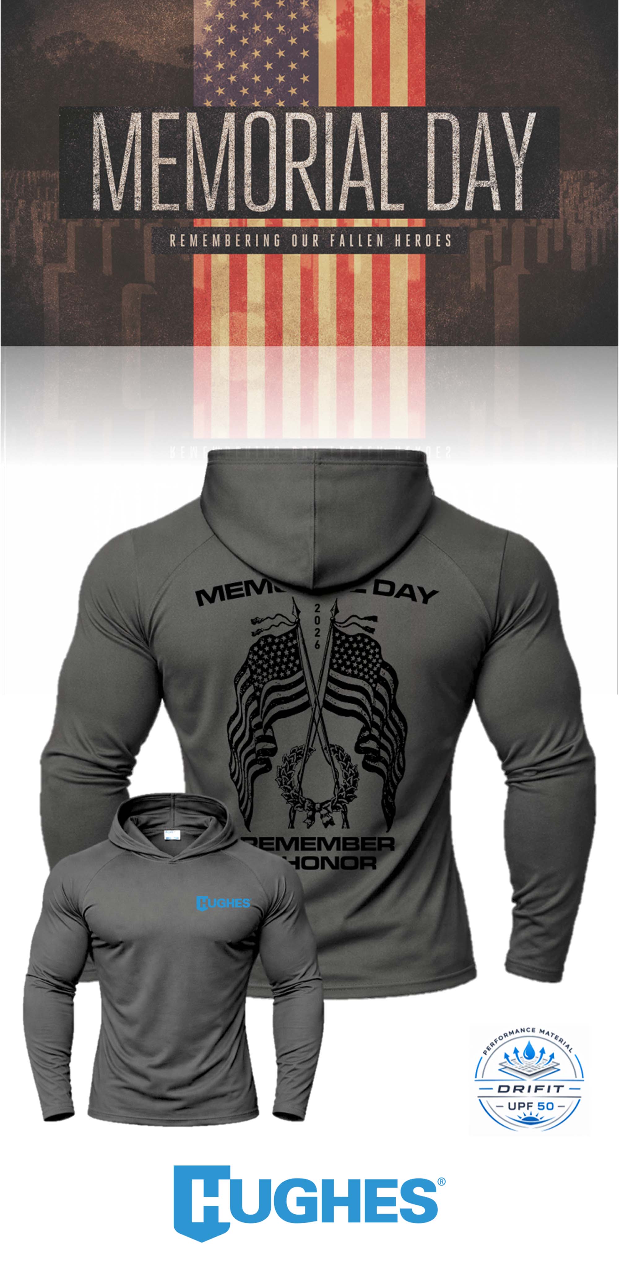 MEMORIAL DAY Port & Co™ Performance UPF 50 Hooded Long Sleeve - HUGHES SUPPLY