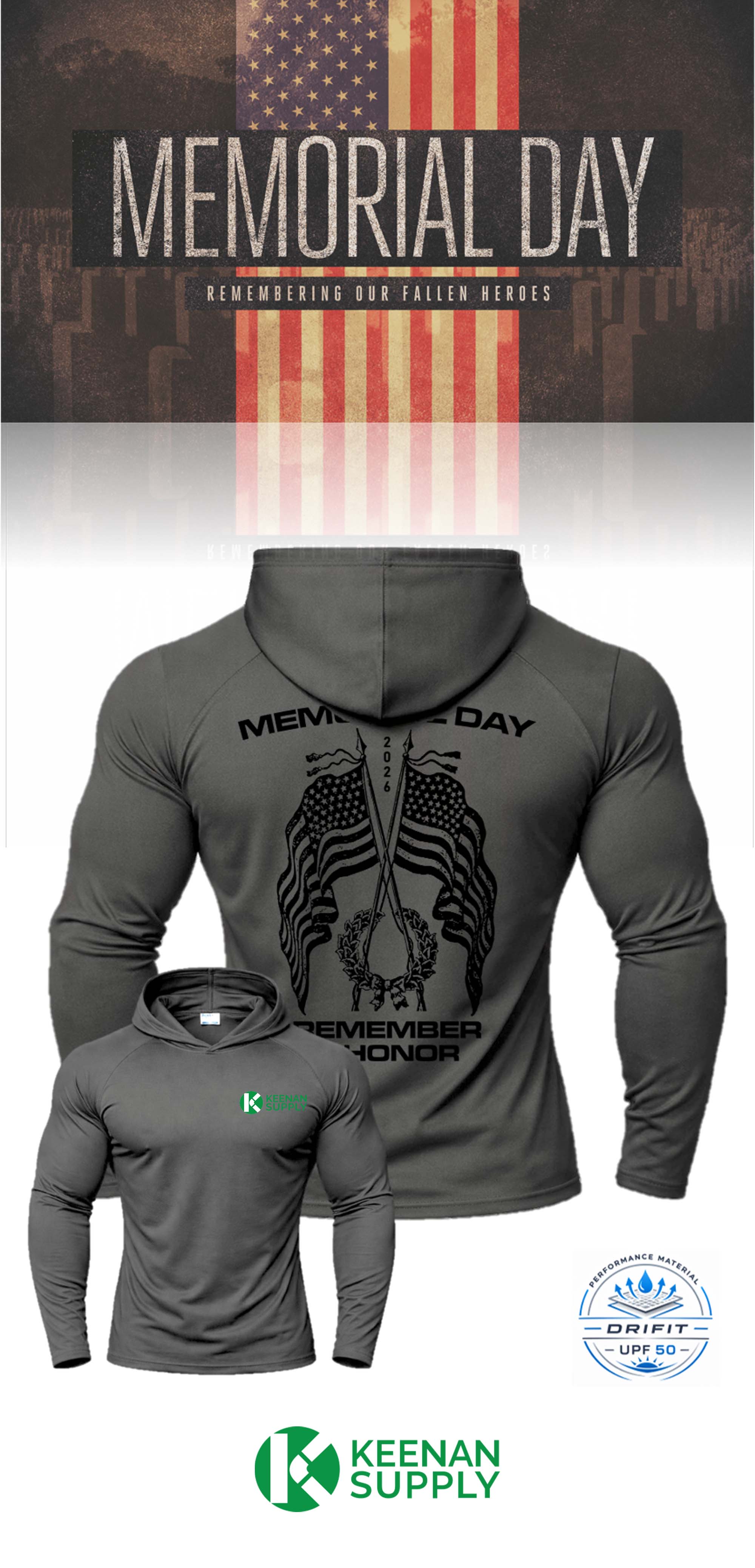 MEMORIAL DAY Port & Co™ Performance UPF 50 Hooded Long Sleeve - KEENAN SUPPLY