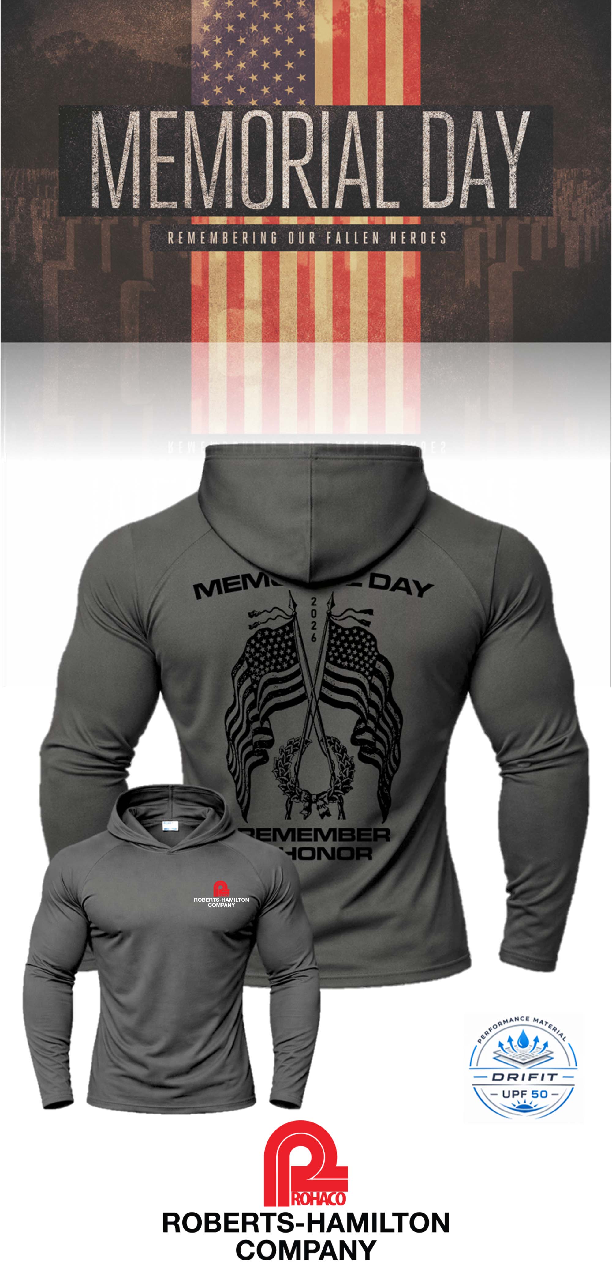 MEMORIAL DAY Port & Co™ Performance UPF 50 Hooded Long Sleeve - ROBERTS HAMILTON