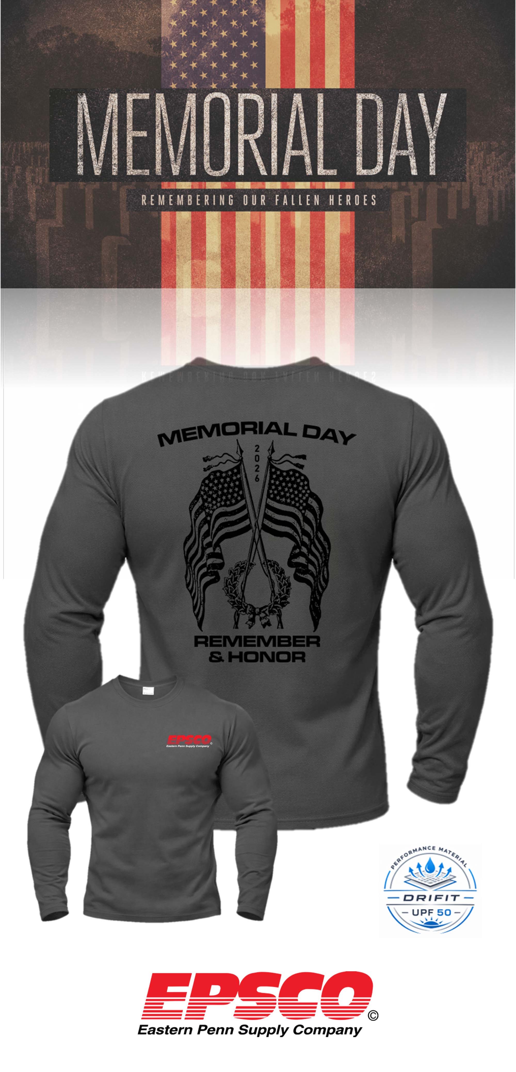 MEMORIAL DAY Port & Co™ Performance UPF 50 Long Sleeve - EPSCO