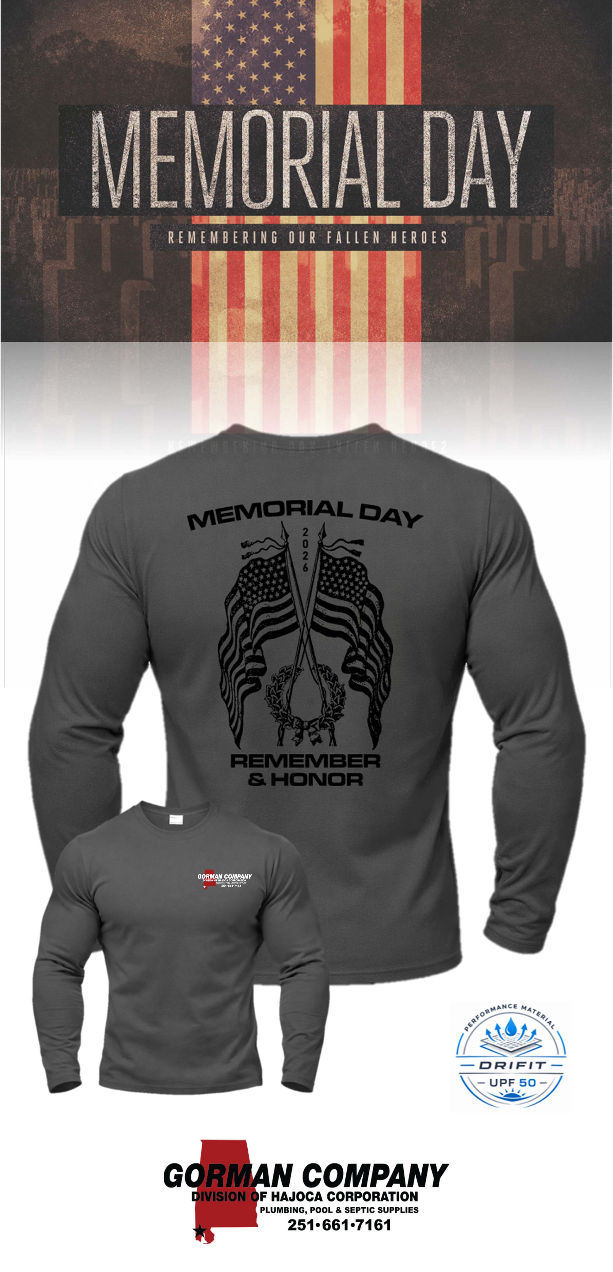 MEMORIAL DAY Port & Co™ Performance UPF 50 Long Sleeve - GORMAN CO - AL