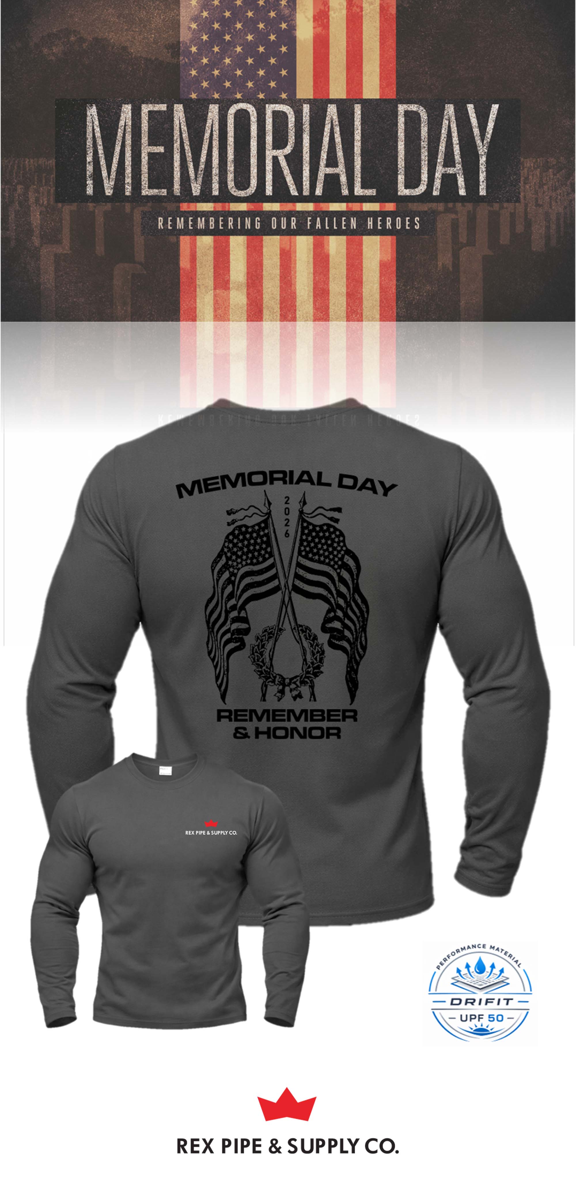 MEMORIAL DAY Port & Co™ Performance UPF 50 Long Sleeve - REX PIPE AND SUPPLY